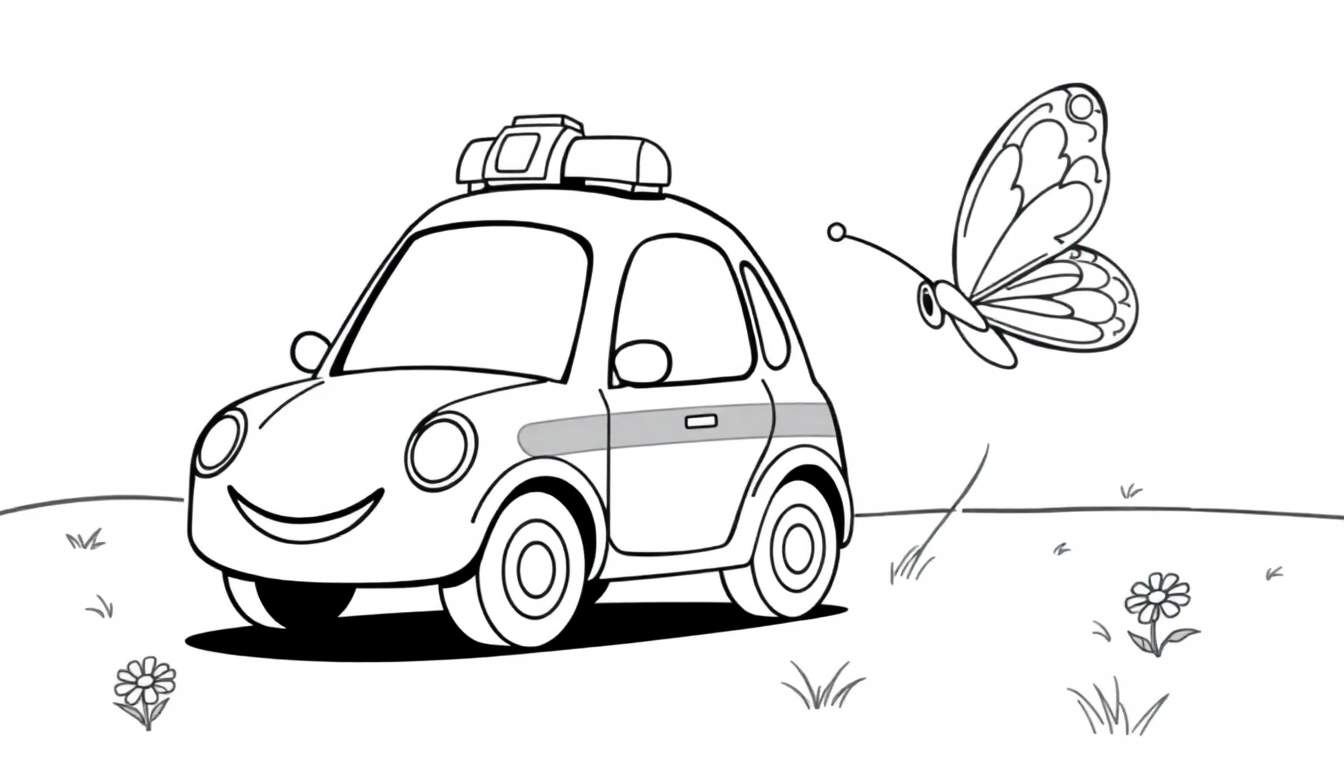 Página para colorear en blanco y negro de un coche de policía amigable persiguiendo una mariposa en un día soleado, listo para añadirle una placa de color.