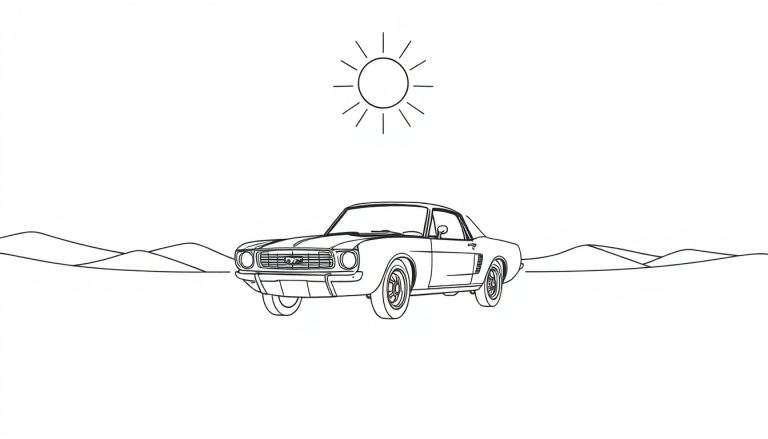 Placa para colorear de un coche clásico estilo Ford Mustang en el desierto.
