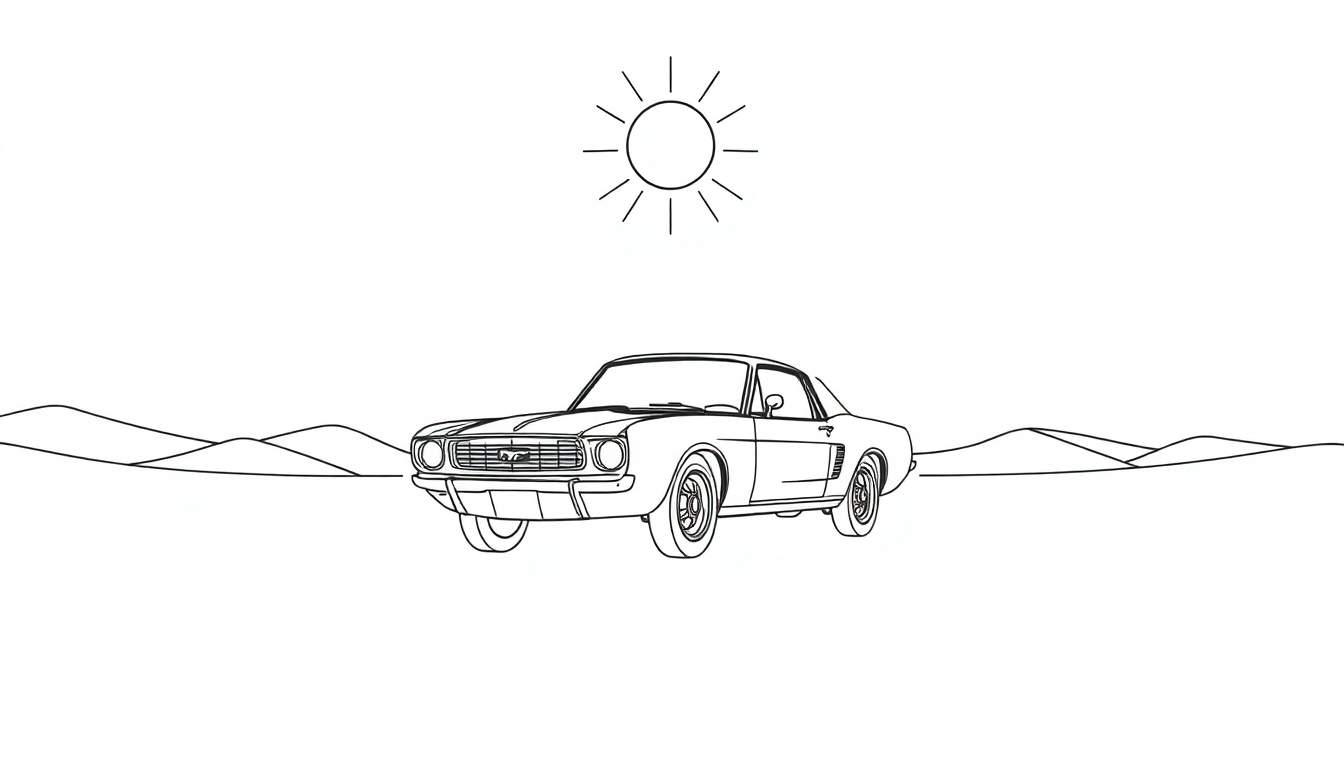 Placa para colorear de un coche clásico estilo Ford Mustang en el desierto.