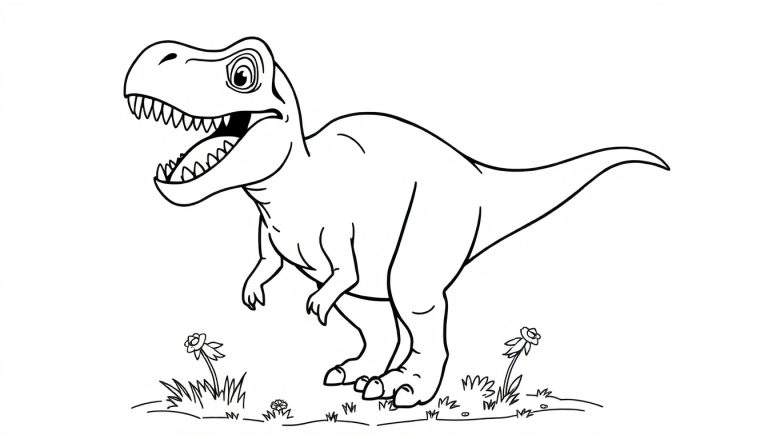 Un dibujo lineal de un T-Rex amigable con la boca abierta, listo para ser coloreado en su placa de color.