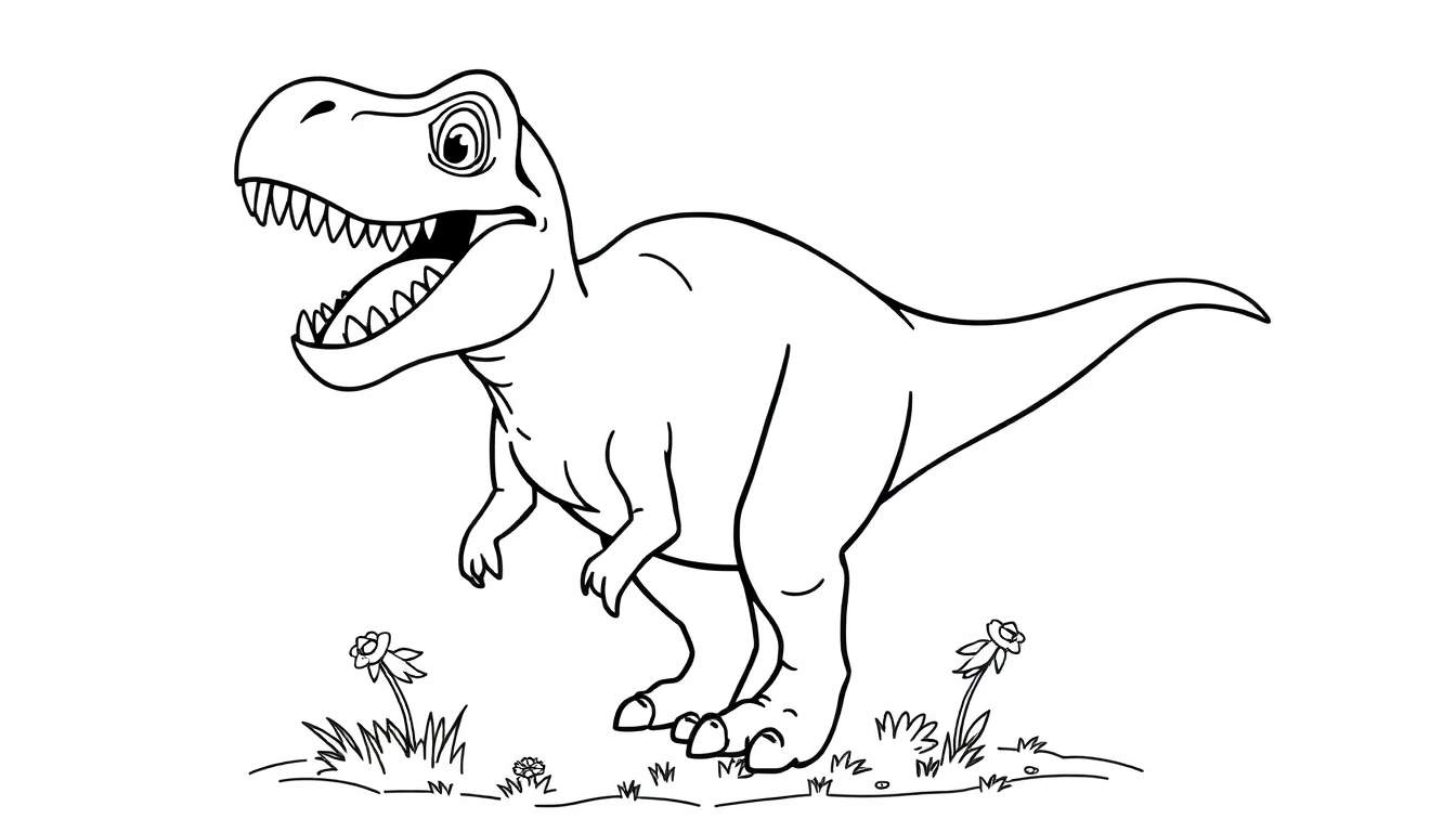 Un dibujo lineal de un T-Rex amigable con la boca abierta, listo para ser coloreado en su placa de color.