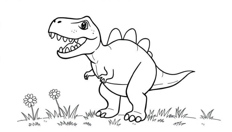 Dinosaurio T-Rex amigable para colorear con placas en la espalda.