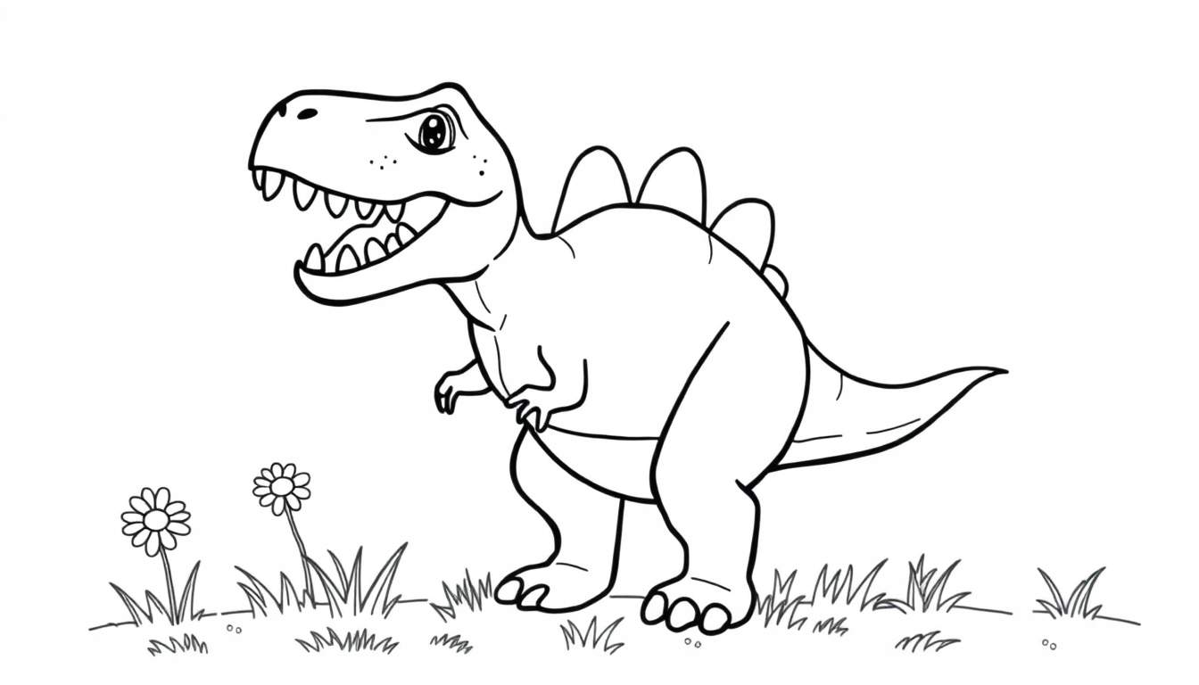 Dinosaurio T-Rex amigable para colorear con placas en la espalda.