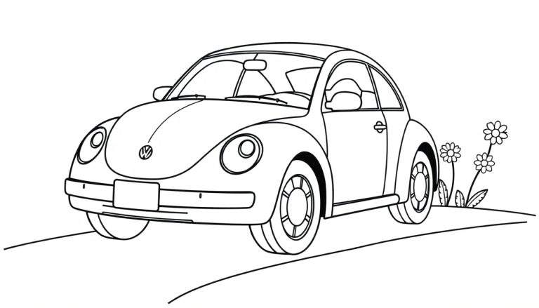 Un coche Volkswagen Escarabajo clásico para colorear con la placa de color. El coche está en una carretera con flores y líneas de carretera simples.