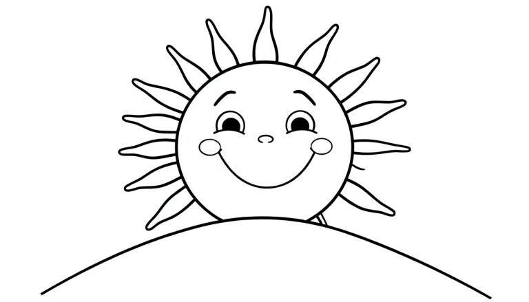 Una placa de color con un sol sonriente asomándose por una colina.