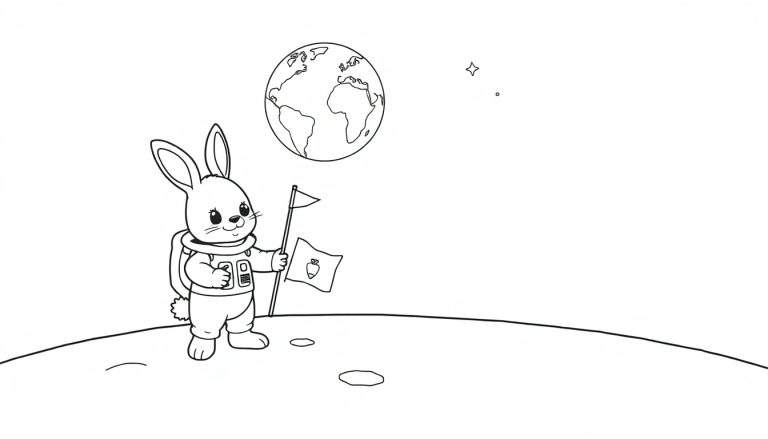 Un conejito astronauta en la luna sosteniendo una bandera de zanahoria, con la Tierra en el cielo.