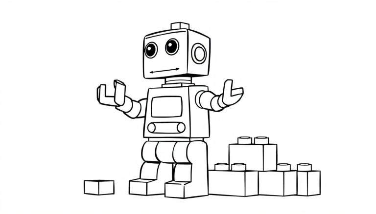 Robot amigable estilo Lego construyendo con bloques, página para colorear.