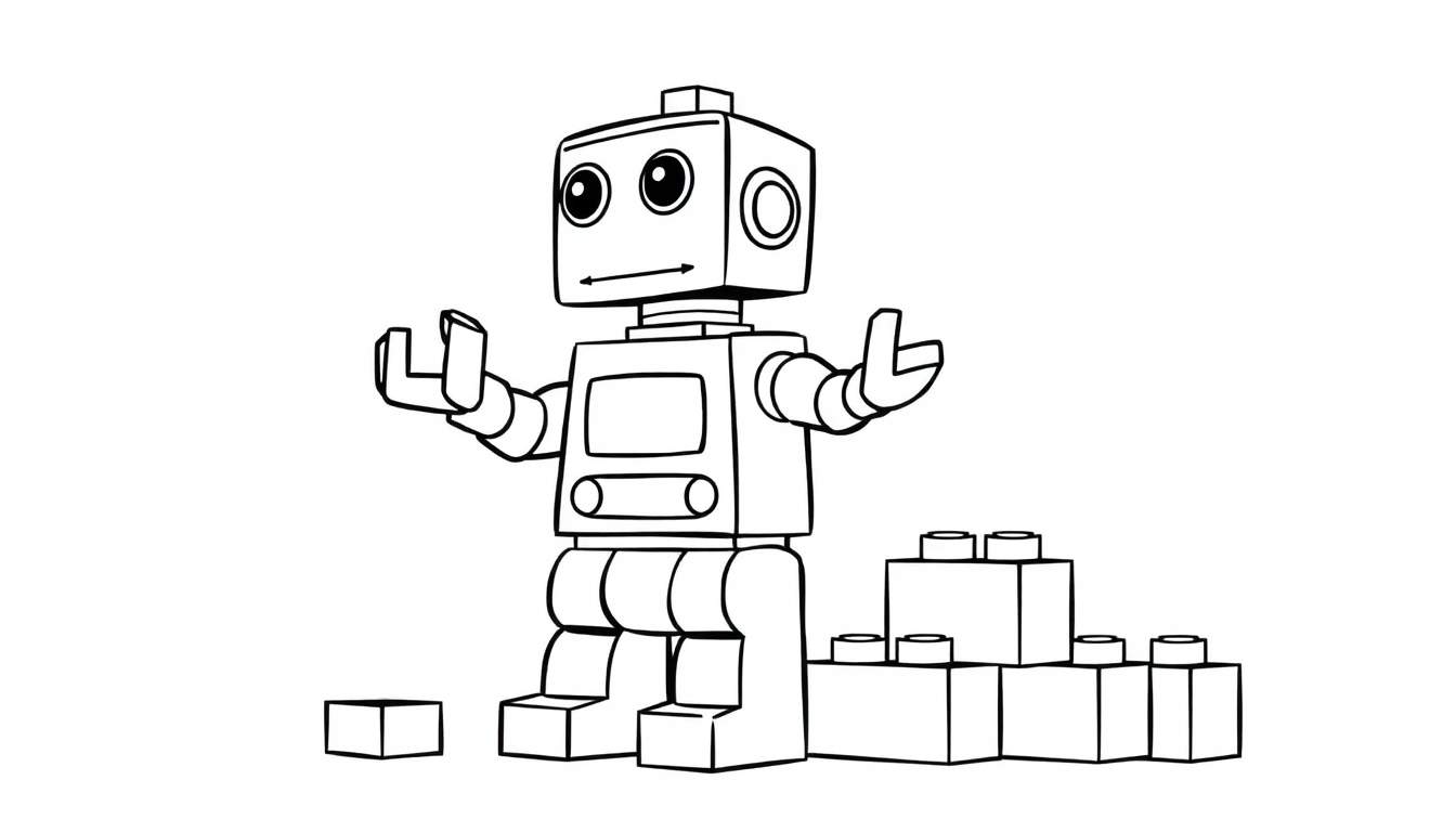 Robot amigable estilo Lego construyendo con bloques, página para colorear.