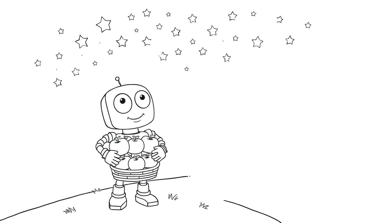 Un robot amigable en una placa de color, sosteniendo una cesta de manzanas con estrellas en el fondo.