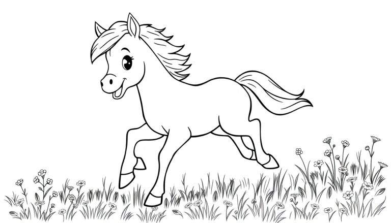 Un potro corriendo feliz en un prado de flores, listo para colorear en esta placa de color.
