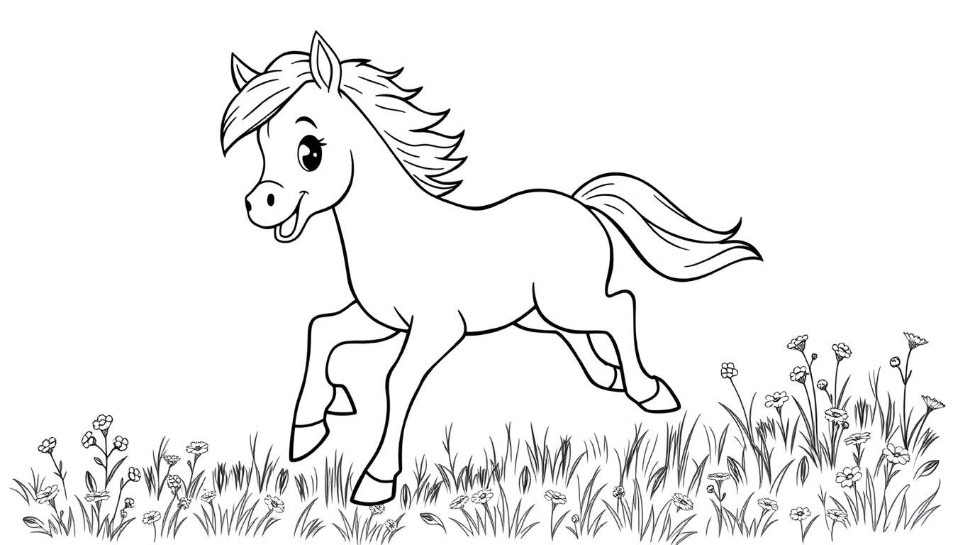 Un potro corriendo feliz en un prado de flores, listo para colorear en esta placa de color.