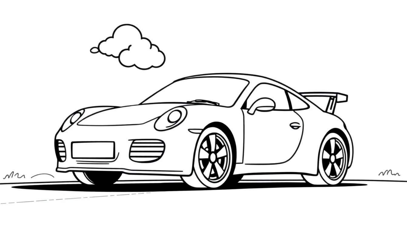 Un coche deportivo de líneas sencillas, listo para colorear, con la placa de color blanca.
