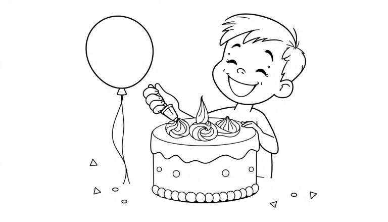 Página para colorear de un niño decorando un pastel con globos, una placa de color completa.