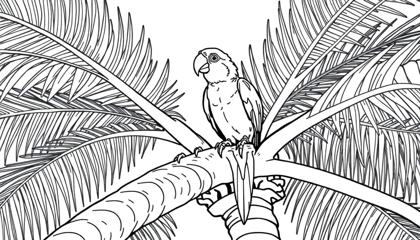 Placa de color con un loro y una palmera.