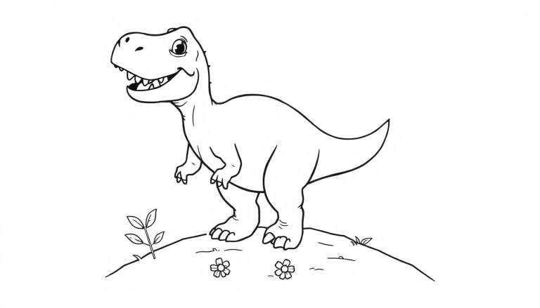 Un T-Rex amigable y listo para colorear, con una placa de color para empezar la diversión.