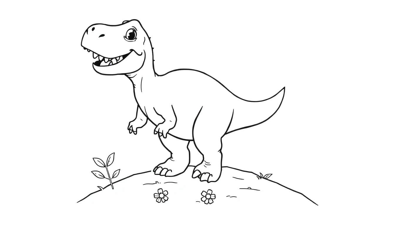 Un T-Rex amigable y listo para colorear, con una placa de color para empezar la diversión.