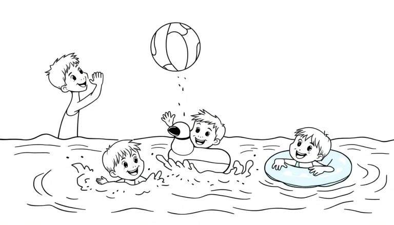 Placa de color de niños jugando felizmente en el agua con flotadores y una pelota.
