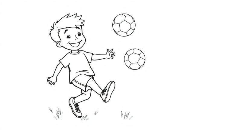 Un niño sonriendo intentando patear una pelota de fútbol, con otra pelota flotando cerca, perfecto para colorear en esta placa de color.