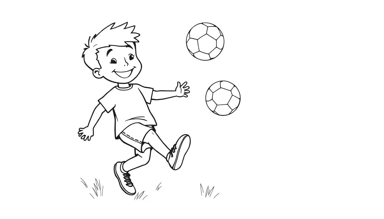 Un niño sonriendo intentando patear una pelota de fútbol, con otra pelota flotando cerca, perfecto para colorear en esta placa de color.