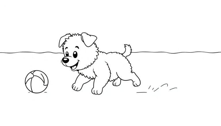 Dibujo de un cachorro feliz jugando con una pelota, listo para colorear en la placa de color.