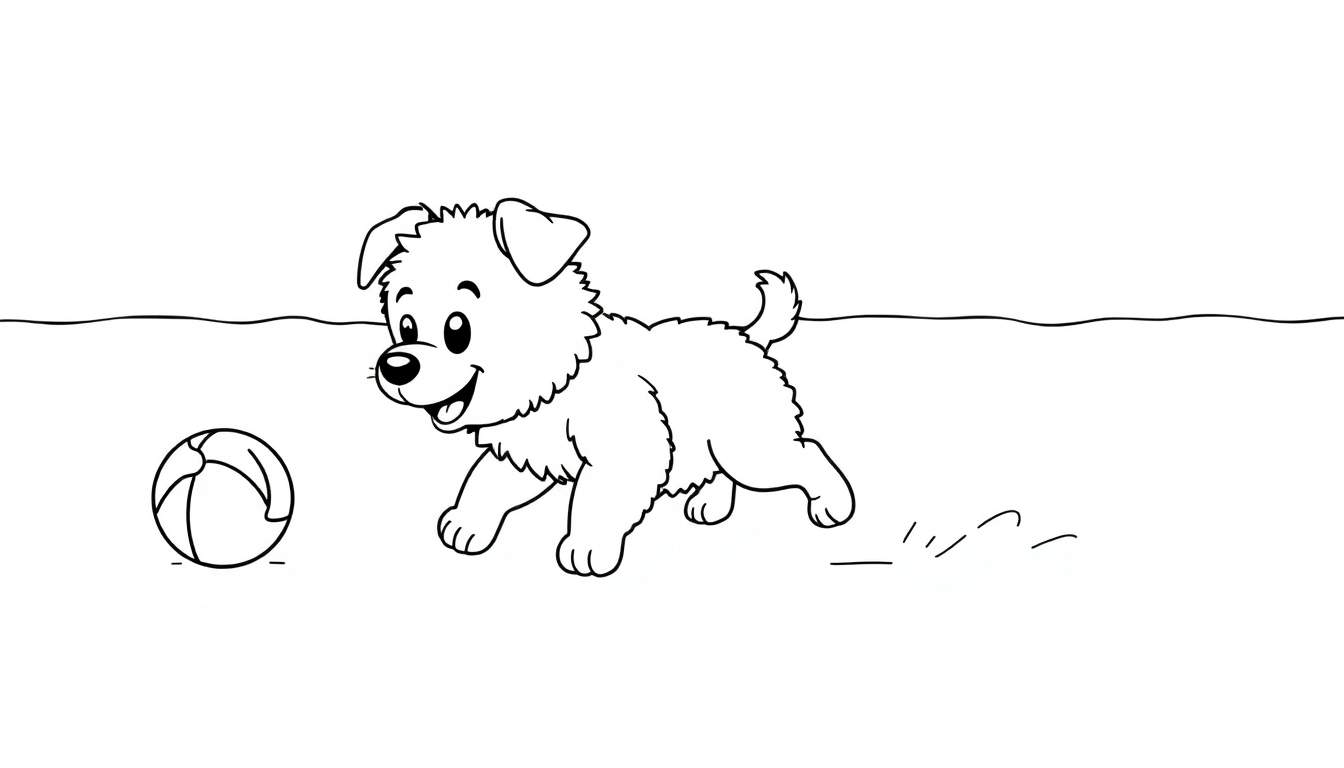 Dibujo de un cachorro feliz jugando con una pelota, listo para colorear en la placa de color.