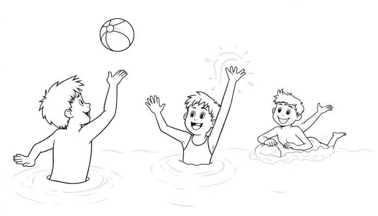 Placa de color con tres niños jugando en el agua, uno lanza una pelota, otro intenta atraparla y uno más flota en una boya.
