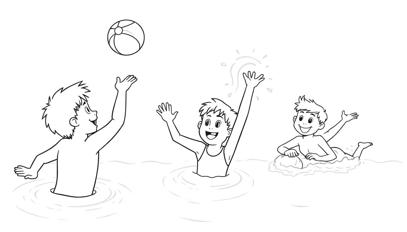Placa de color con tres niños jugando en el agua, uno lanza una pelota, otro intenta atraparla y uno más flota en una boya.