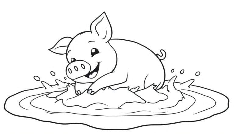 Un cerdito sonriente chapoteando en un charco de barro, página para colorear, placa de color.