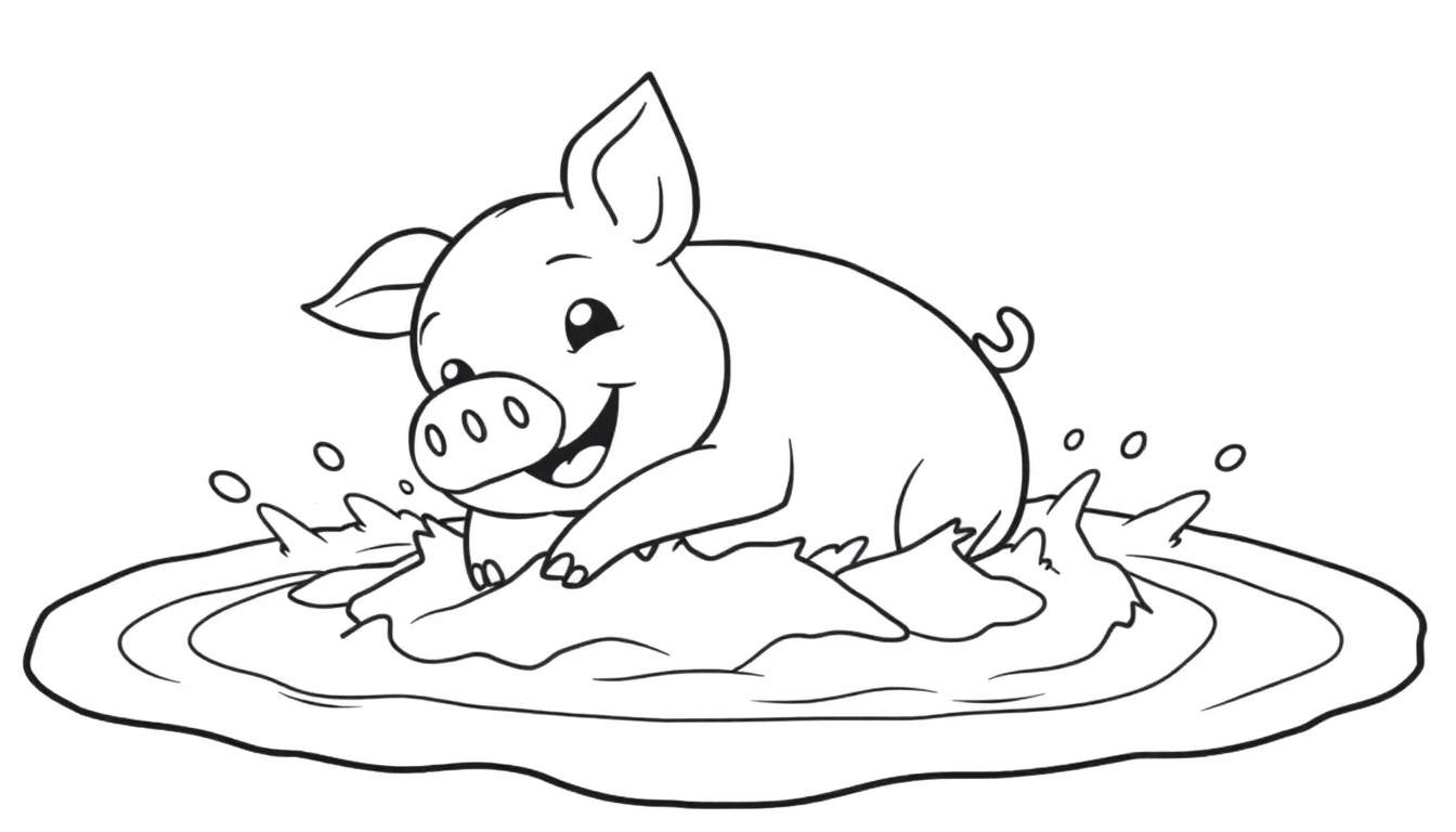 Un cerdito sonriente chapoteando en un charco de barro, página para colorear, placa de color.