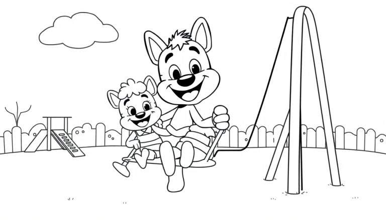 Placa de color de Bluey y Bingo divirtiéndose en un parque.