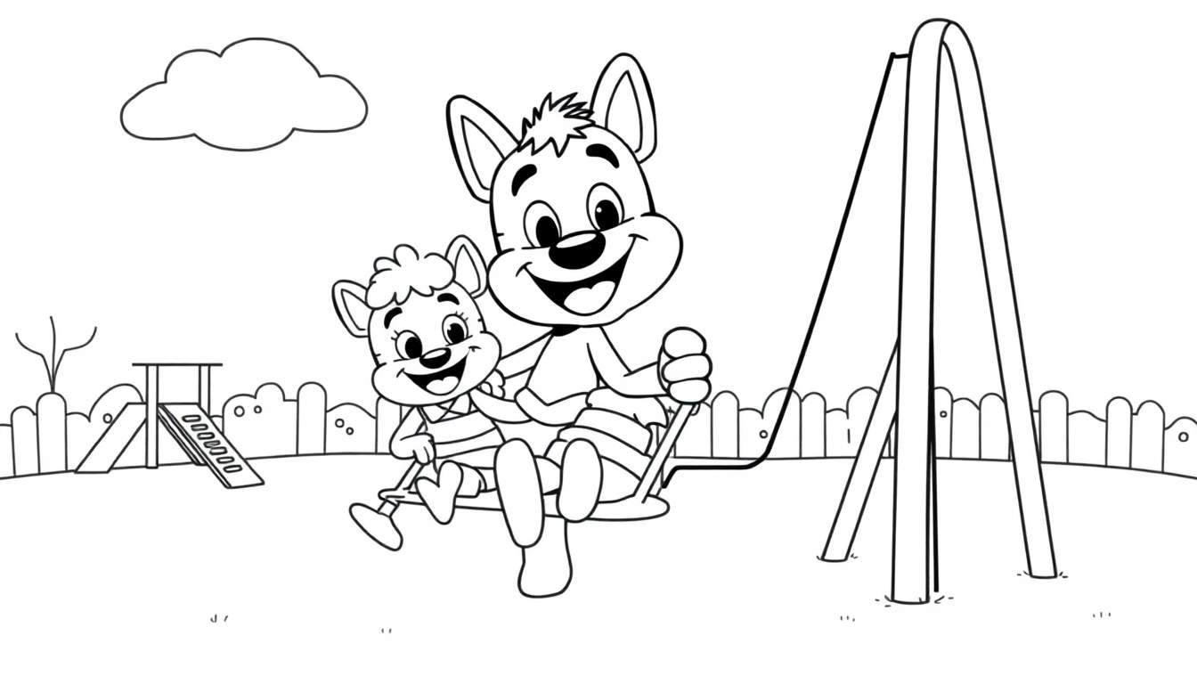 Placa de color de Bluey y Bingo divirtiéndose en un parque.