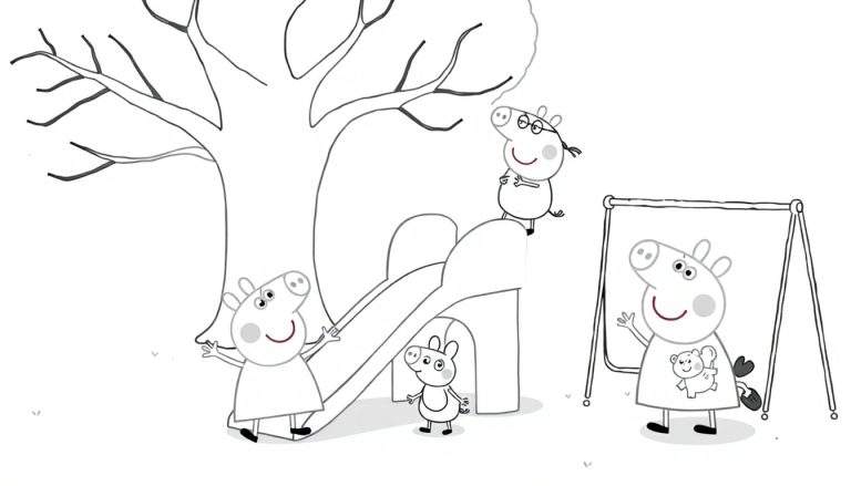 Placa de color de Peppa Pig y George en el parque con un tobogán con forma de zapato y Suzy Sheep en un columpio.