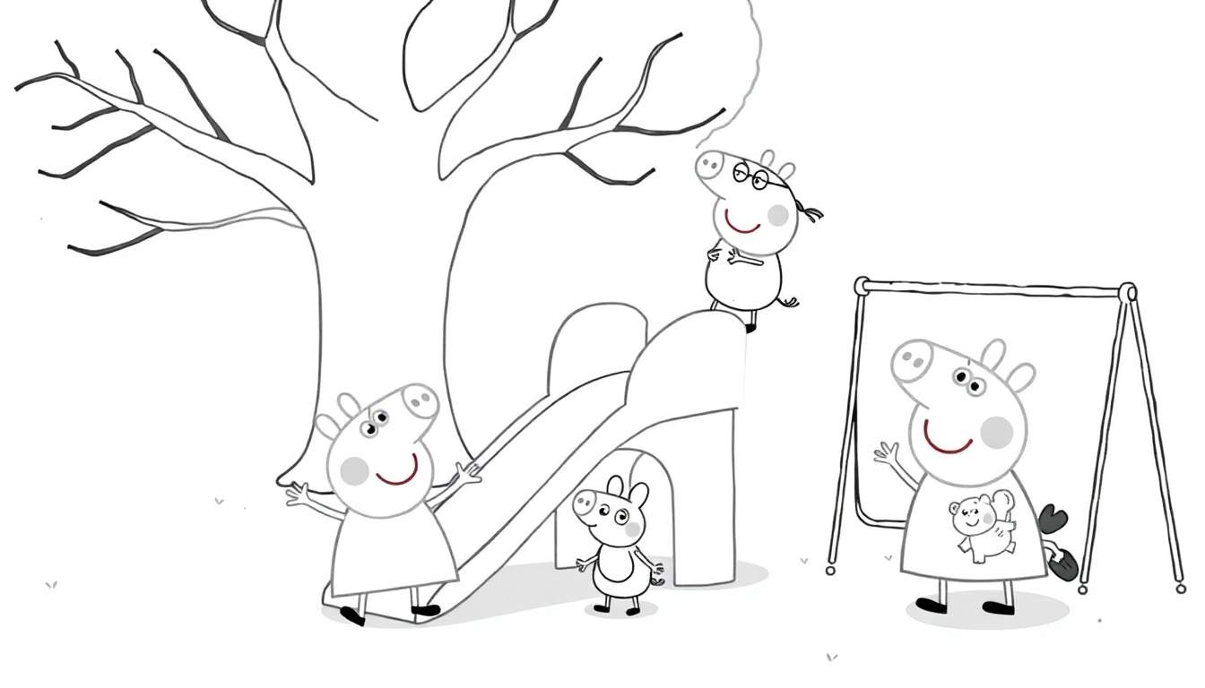 Placa de color de Peppa Pig y George en el parque con un tobogán con forma de zapato y Suzy Sheep en un columpio.