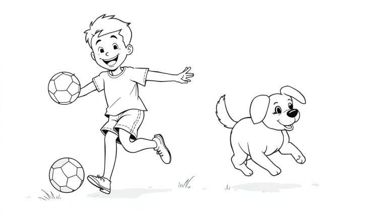 Niño sonriente pateando un balón de fútbol con su perro corriendo a su lado, listo para una placa de color.