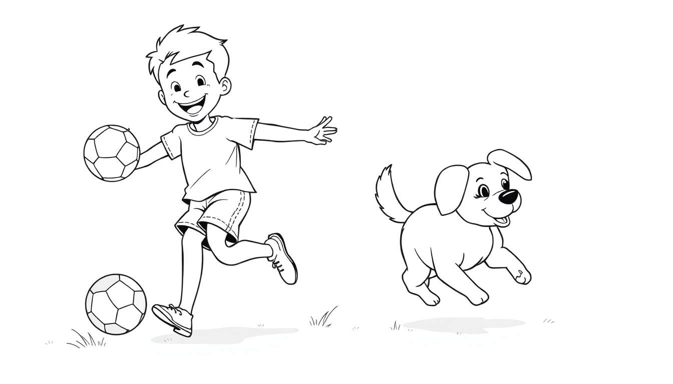 Niño sonriente pateando un balón de fútbol con su perro corriendo a su lado, listo para una placa de color.