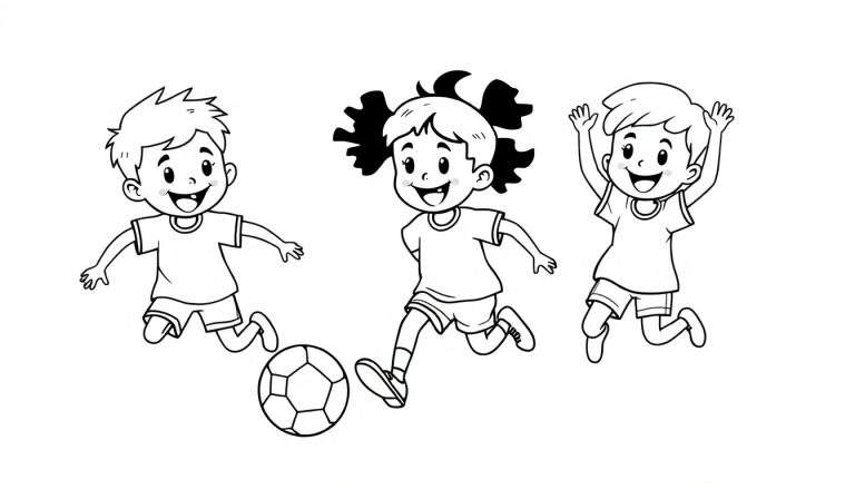 Placa de color de tres niños jugando al fútbol, sonrientes y felices.