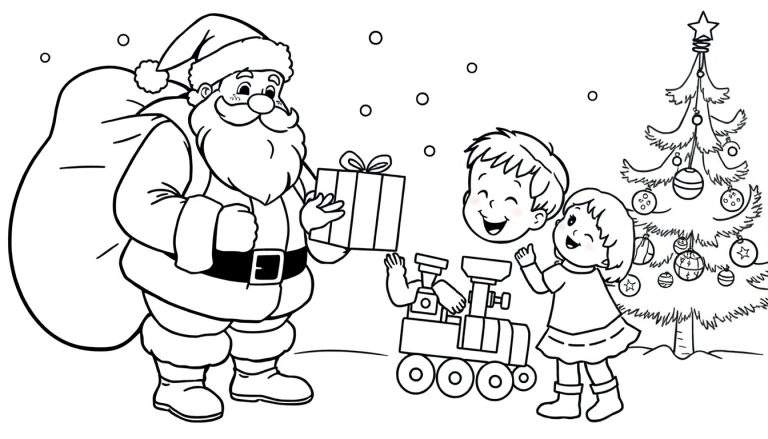 Placa de color de Papá Noel dando regalos a los niños junto a un árbol de Navidad decorado.