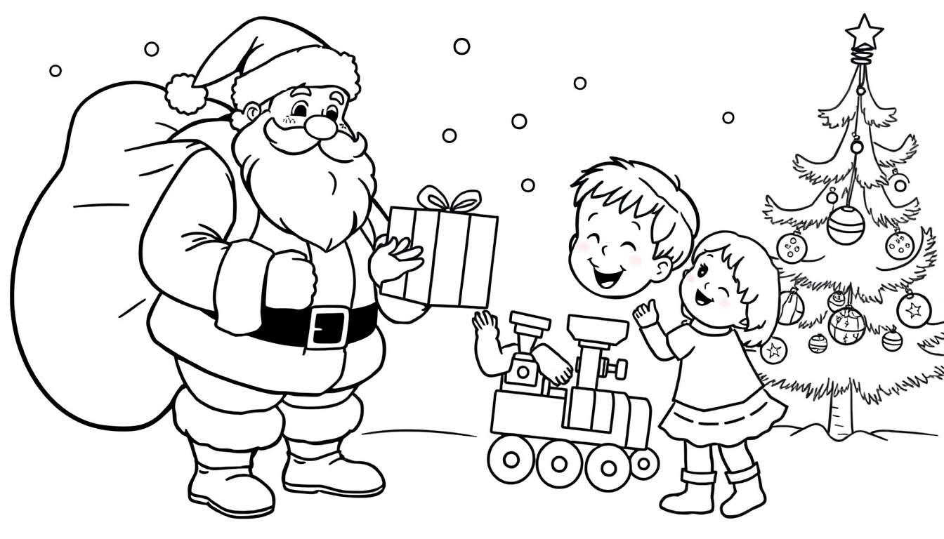 Placa de color de Papá Noel dando regalos a los niños junto a un árbol de Navidad decorado.