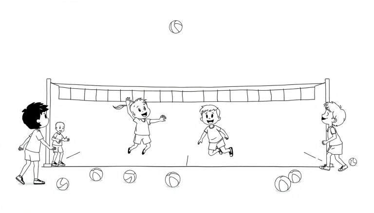 Una placa a blanco y negro muestra a niños jugando voleibol.