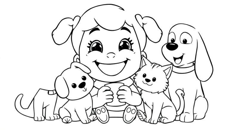 Placa de color de una niña feliz con sus mascotas, un perro y un gato.