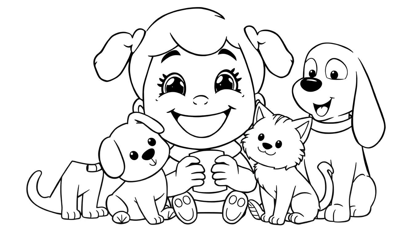 Placa de color de una niña feliz con sus mascotas, un perro y un gato.