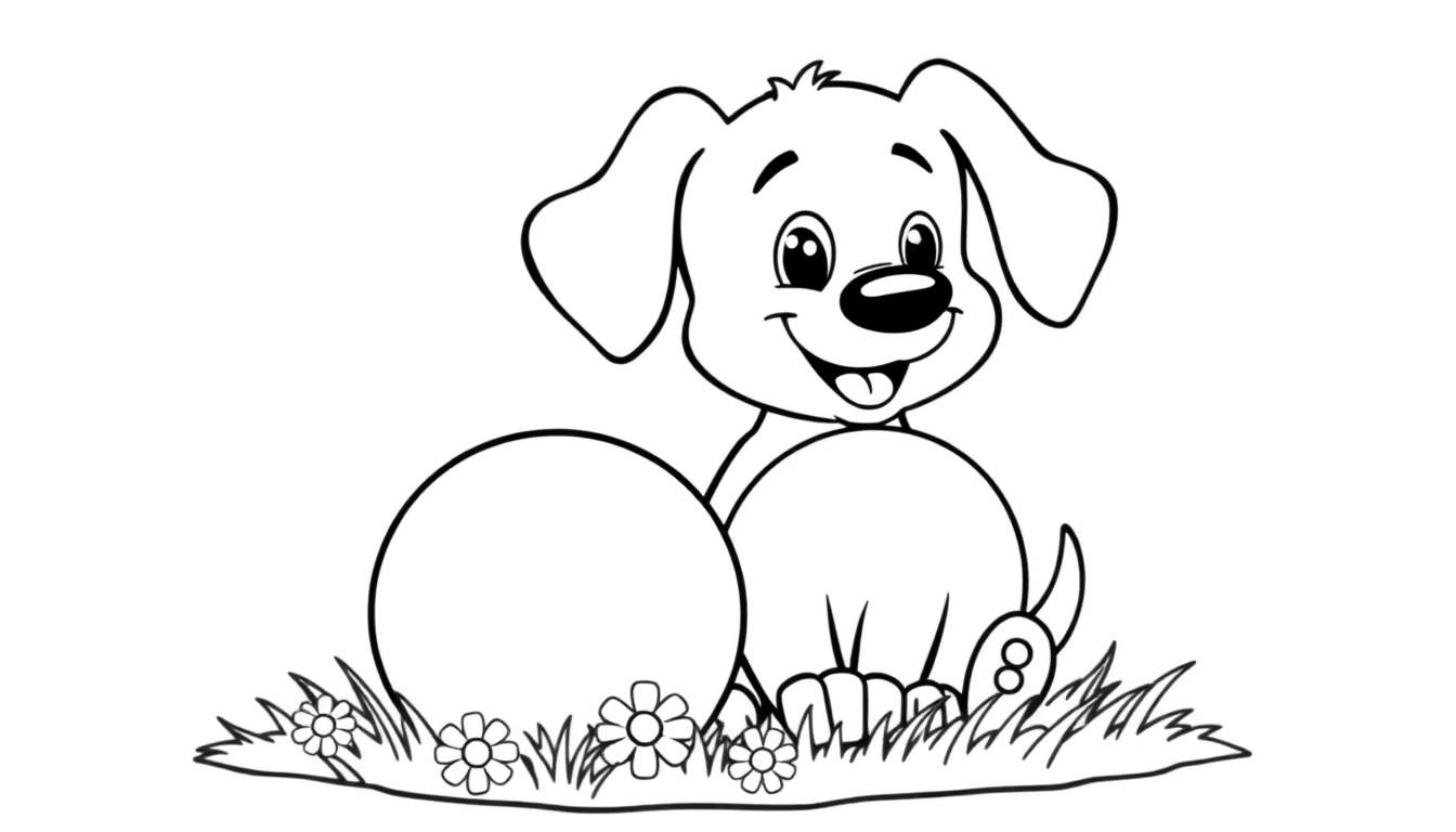 Perro feliz con una pelota, página para colorear en blanco y negro para niños, estilo de dibujo simple, placa de color.