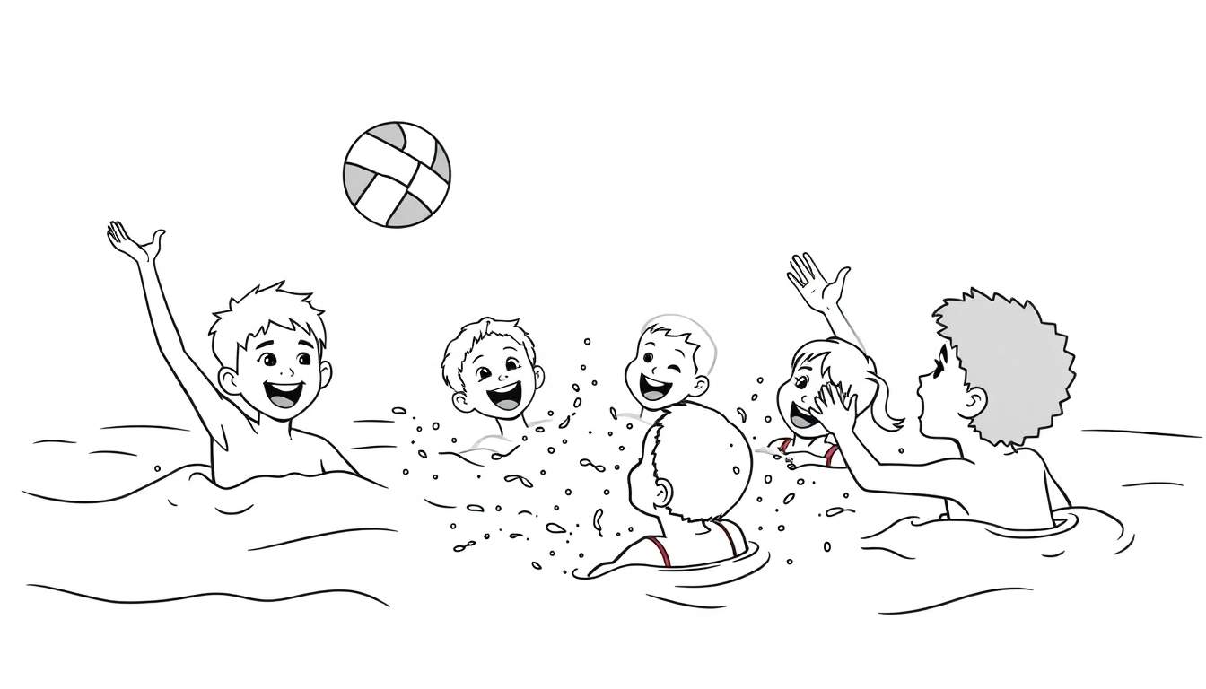 Placa de color en blanco y negro de niños riendo y jugando waterpolo en una piscina soleada.