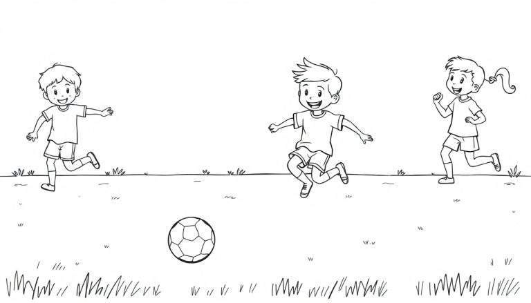 Un dibujo en blanco y negro de tres niños sonriendo jugando al fútbol en un campo de hierba, con una placa de color para colorear.