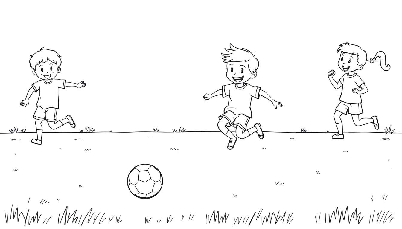 Un dibujo en blanco y negro de tres niños sonriendo jugando al fútbol en un campo de hierba, con una placa de color para colorear.