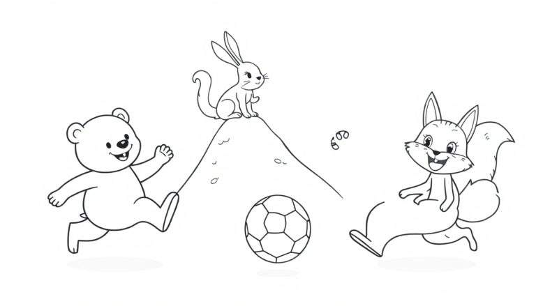 Placa de color: oso, conejo y ardilla jugando al fútbol.