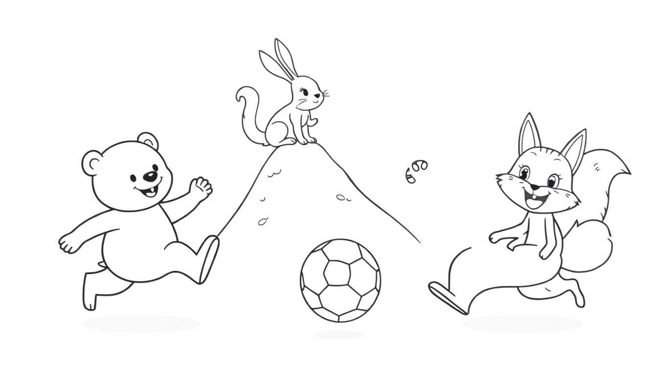 Placa de color: oso, conejo y ardilla jugando al fútbol.