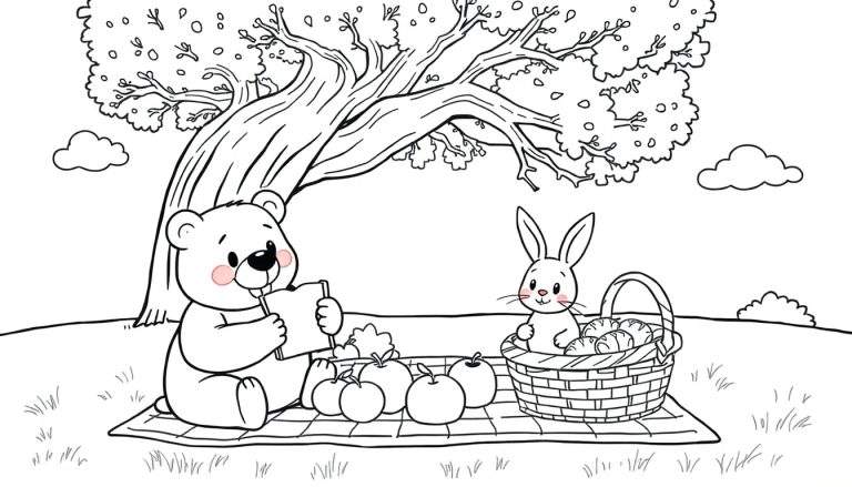 Placa de color para colorear de un oso y un conejo haciendo un picnic.
