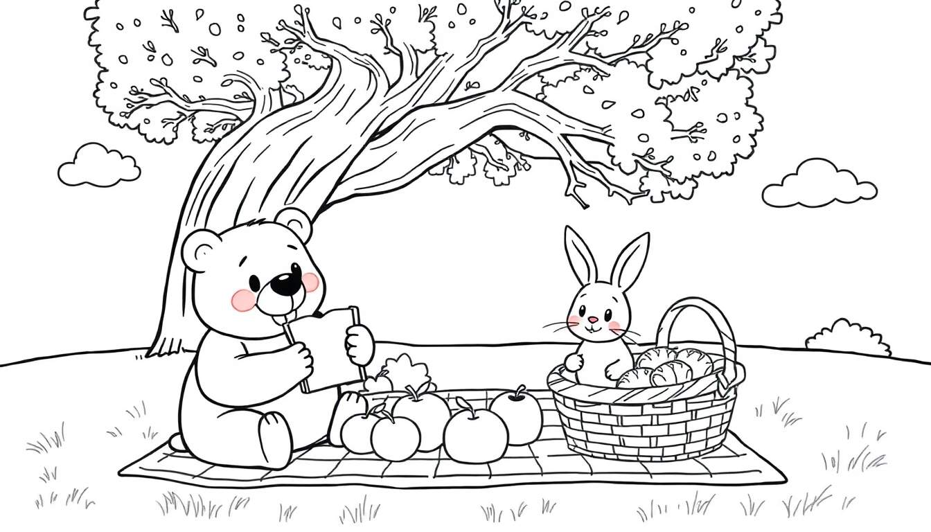 Placa de color para colorear de un oso y un conejo haciendo un picnic.