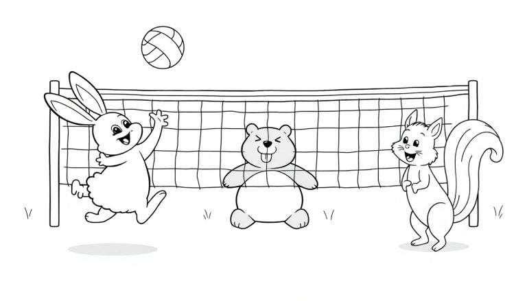Una placa de color con un dibujo de un conejo, un oso y una ardilla jugando voleibol.